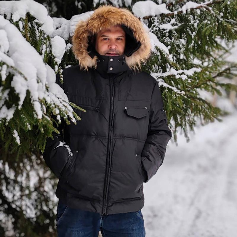 Erkekler Aşağı Ceket Kış Sıcak Aşağı Palto 80% Beyaz Ördek Aşağı Gerçek Rakun Kürk Kış Erkek Mont Siyah