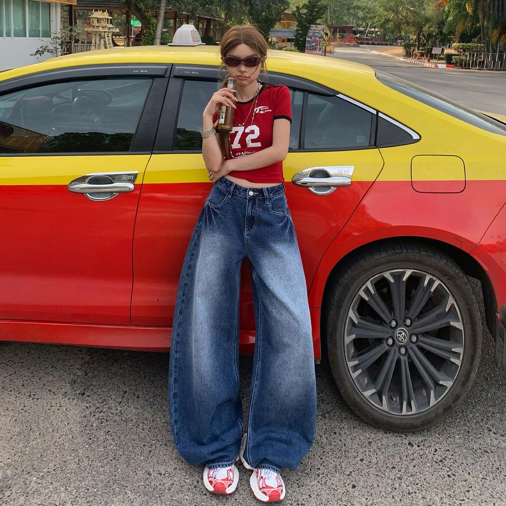 Spring Summer Vintage High Waist Drape Scythe Saber Cut Relax Wide Leg Denim Pants For Ladies Casual Pants Oversize Denim Trousers