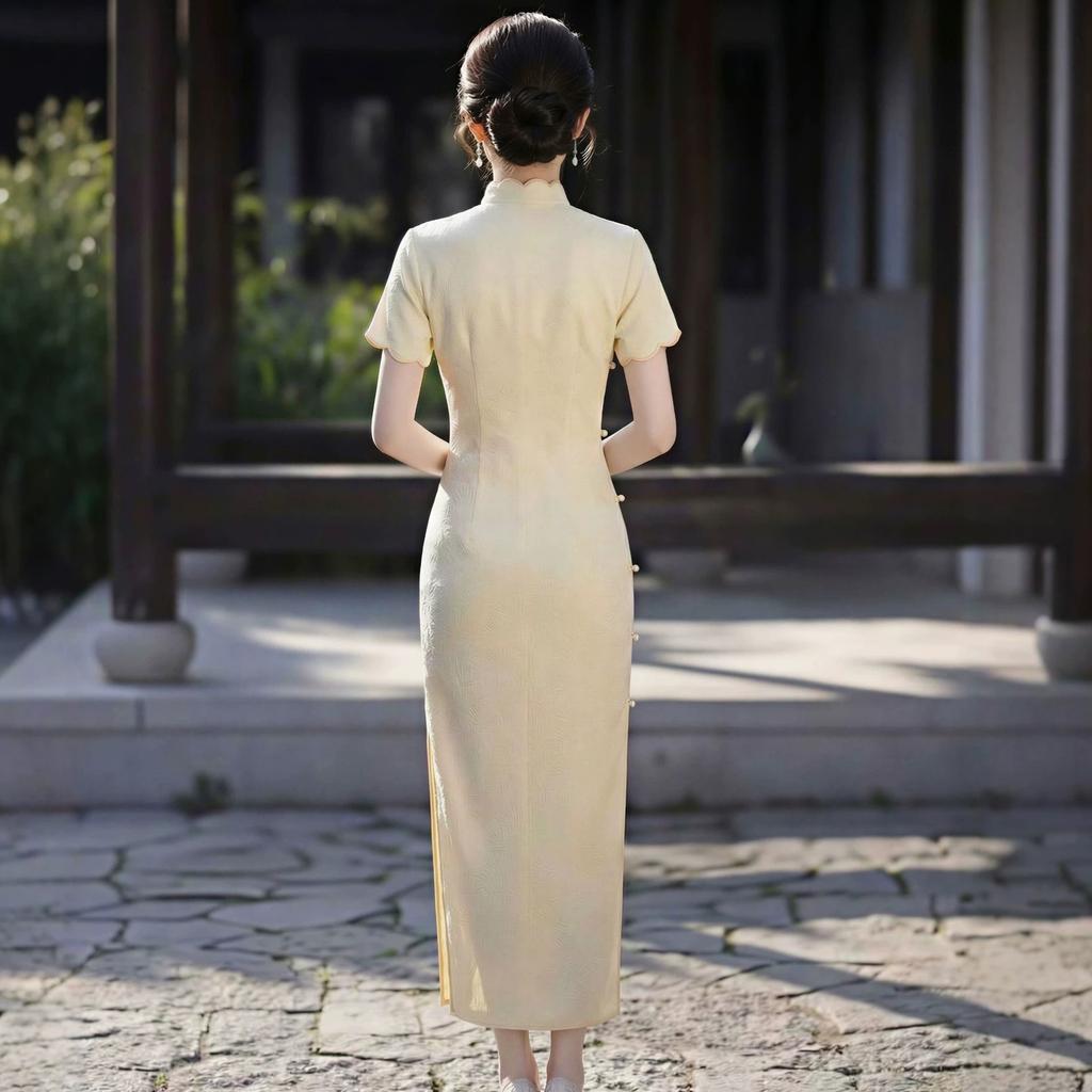 Retro yellow national style medium and long cheongsam improved 1 new young women's new Chinese high-end summer dress