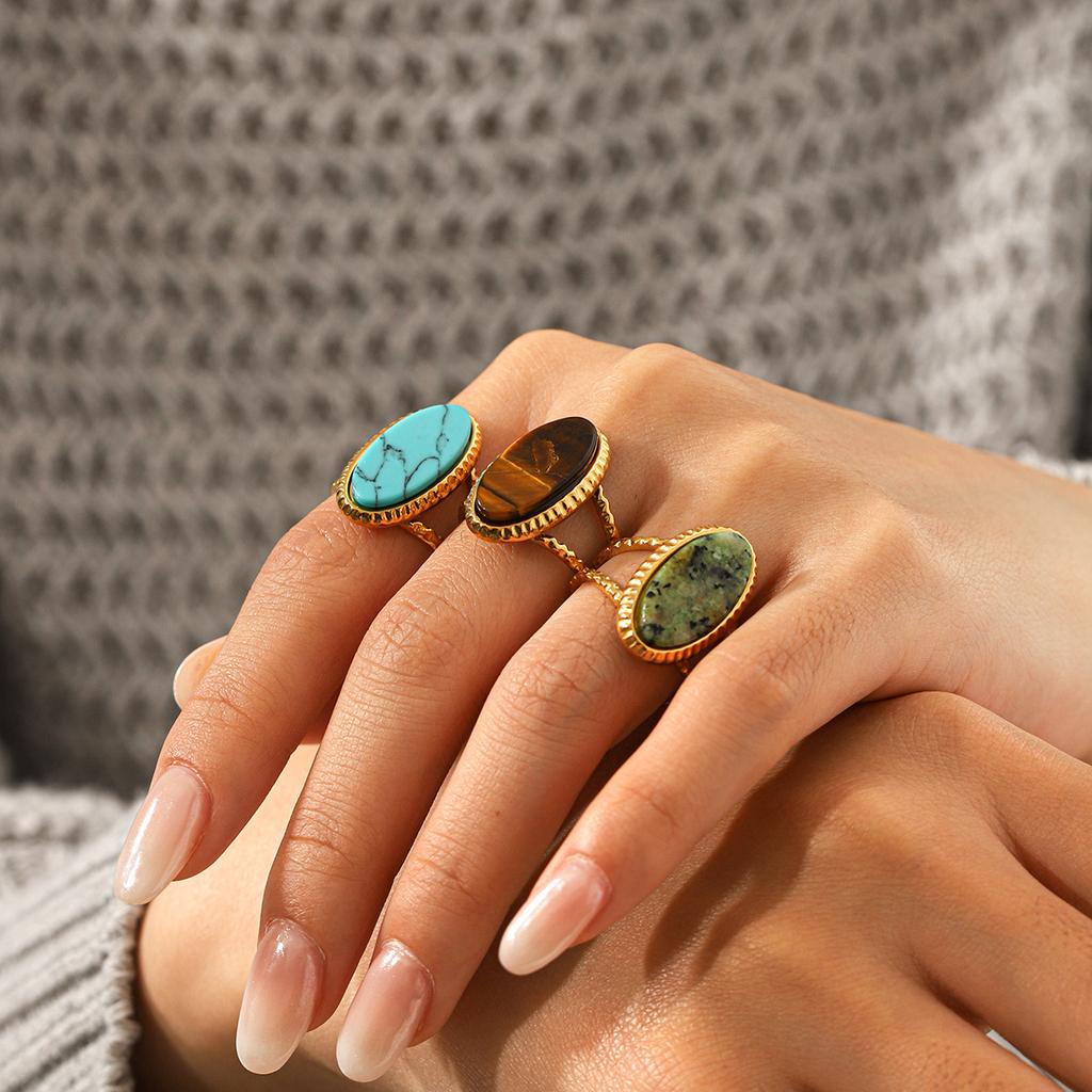 Französischer Retro Edelstahl Schmuck mit eingelegtem Türkis Afrikanischem Türkis Tigerauge Ring für Damen