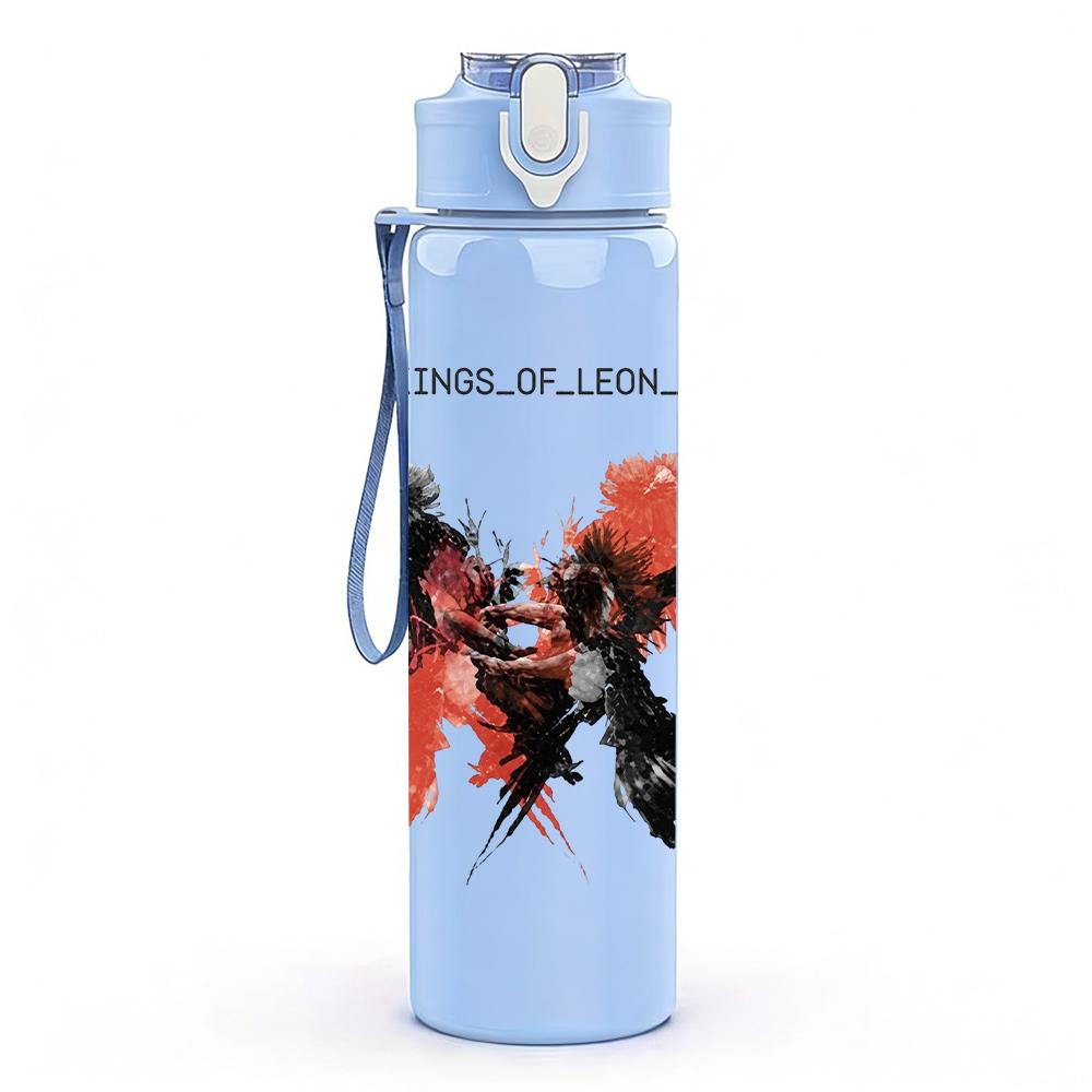 1PC Red winged creature band print 750ml colorful plastic sports water bottle leakproof pop up lid with straw for outdoor work home use