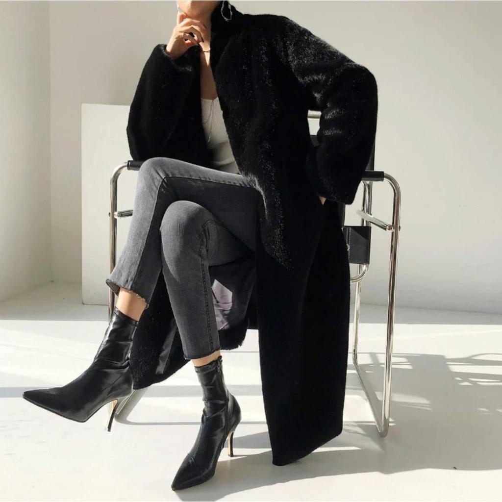 Winter Lang Schwarz Luxuriös Elegant Stilvoll Dick Warm Flauschig Zottelig Weich Faux Nerz Pelzmantel Damen Stehkragen Schärpen