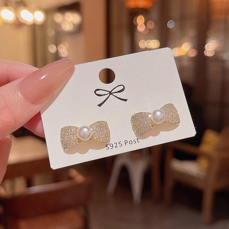 Sterling Silver Bow Gardenia Stud Earrings - Light Luxury Korean Style