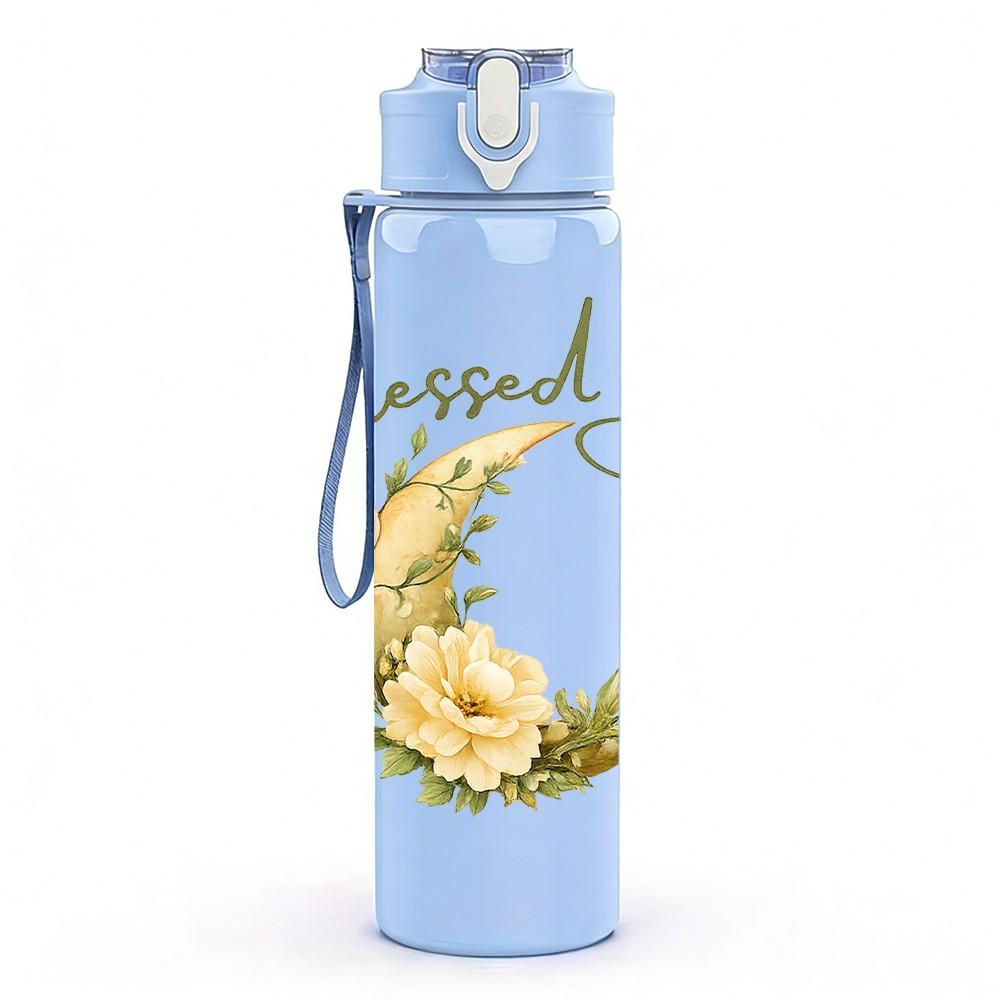 1PC Blessed Be Flower Wreath Quote Print 750ml Color Plastic Sports Water Bottle Leakproof Flip Straw Lid Suitable for Sports Office Home Use