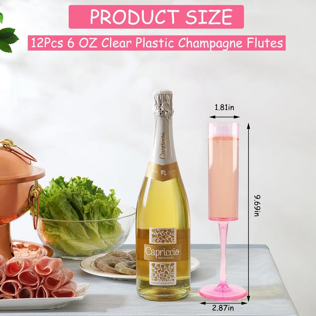 12 Pcs Pink Acrylic Champagne Flutes 6 OZ Unbreakable Tall Stemmed Glasses for Wedding Anniversary Birthday