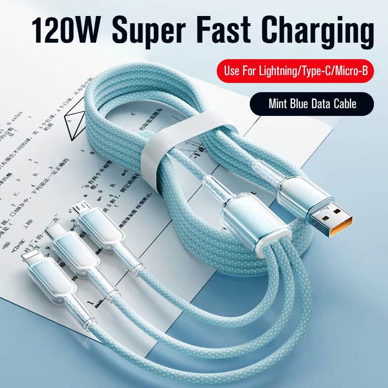 Ice Crystal 120W Tri-Head Fast Charging Cable for Apple, Android, Huawei