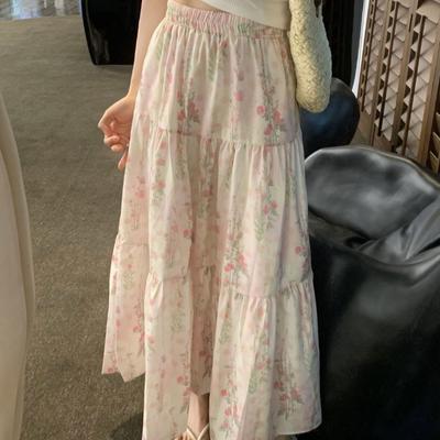 Französischer geblümter rosa Midi-Rock für Damen mit hoher Taille und schlankmachendem Effekt Vielseitig und mit Nischentemperament Im Sommer Langer Rock