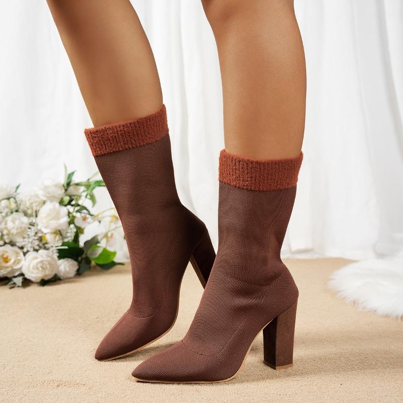 Women's Black Knit Mid-Calf Boots, Pointed Toe Chunky Heel Slim Fit Ankle Boots, Plus Size Fall Winter Footwear