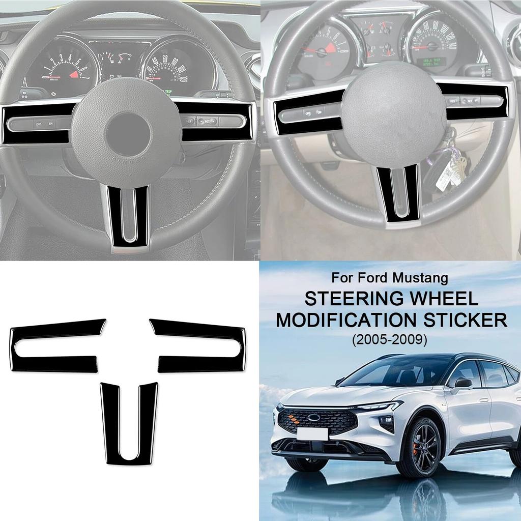 3PCS  Piano Black Steering Wheel Cover Trim For Ford Mustang  2005 2006 2007 2008 2009 Car Accessories Interior Mouldings