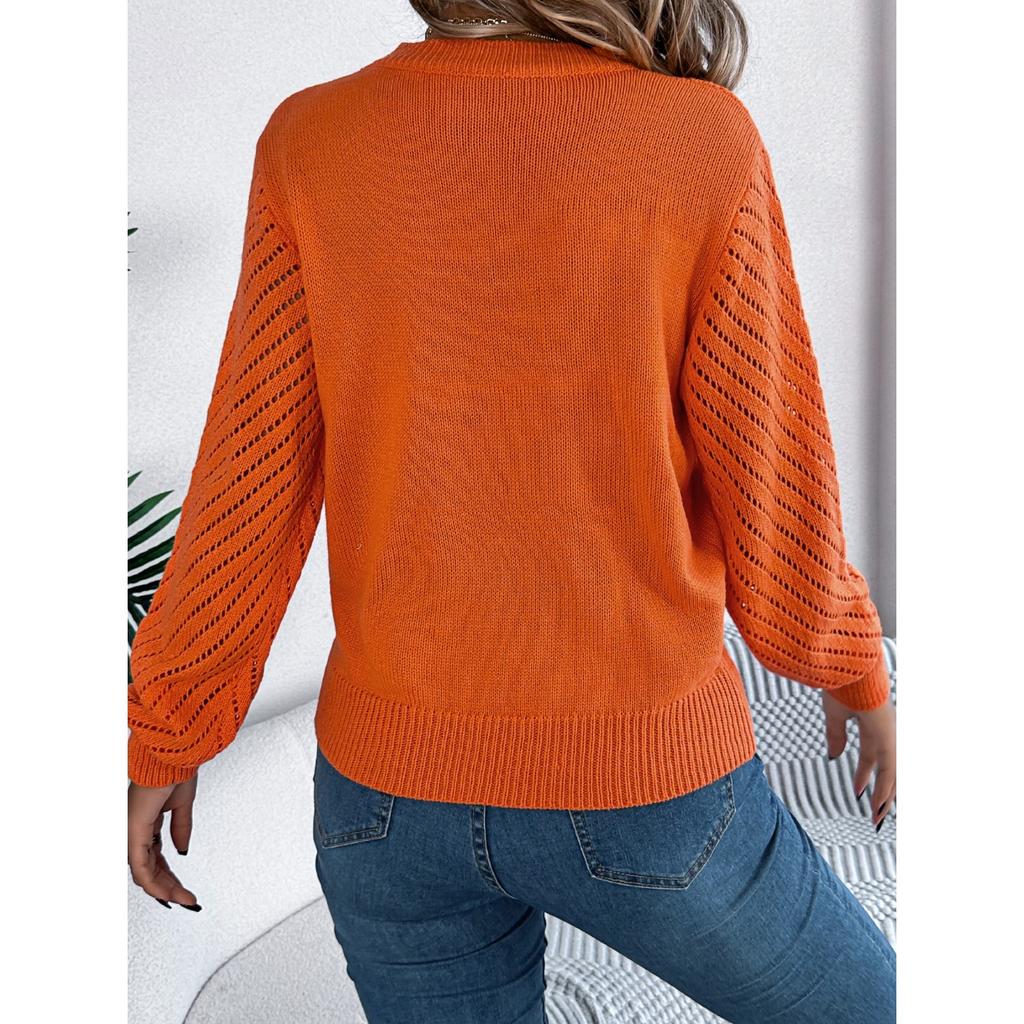 GMXIA Autumn and Winter Casual Solid Color Round-neck Hollowed-out Lantern Sleeve Pullover Sweater Women's Wear