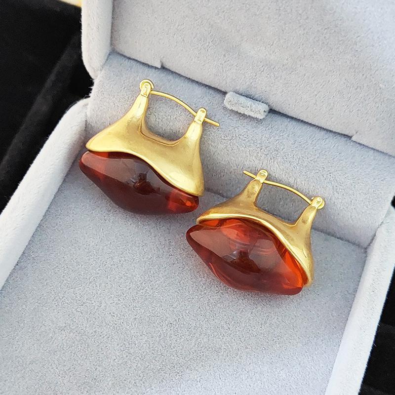 1Pair Retro Brown Transparent Resin Drop Earrings Matte Metal Geometric Hoop Earrings For Women  Simple Metal Jewelry