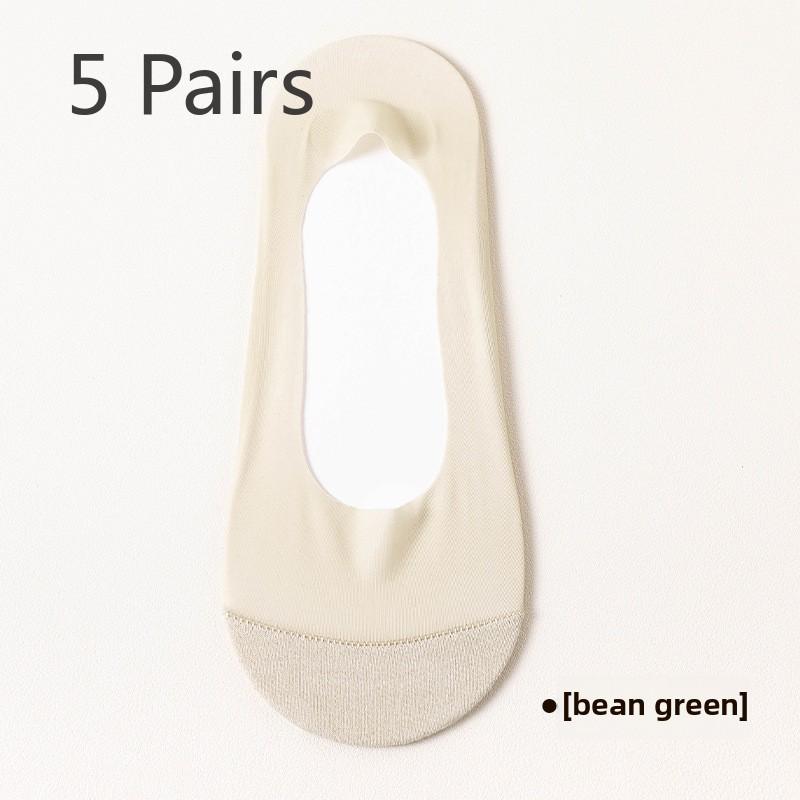 

5 пар женских носков Ice Silk Cool Breathable, нескользящих, впитывающих, с хлопковой подошвой, невидимых с лодочками 5 Pairs зелёный