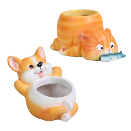 Animal Flower Pot Cat Dog Succulents Pots Resin Planter with Drainage Hole for Succulents Home Office Desk Decoration