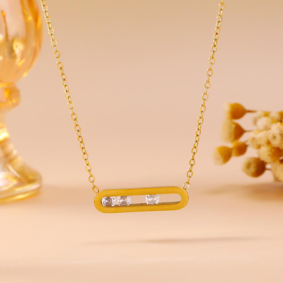 18K Colorfast Titanium Steel Necklace & Bracelet Set with Geometric Oval Frame and Zircon Pendant