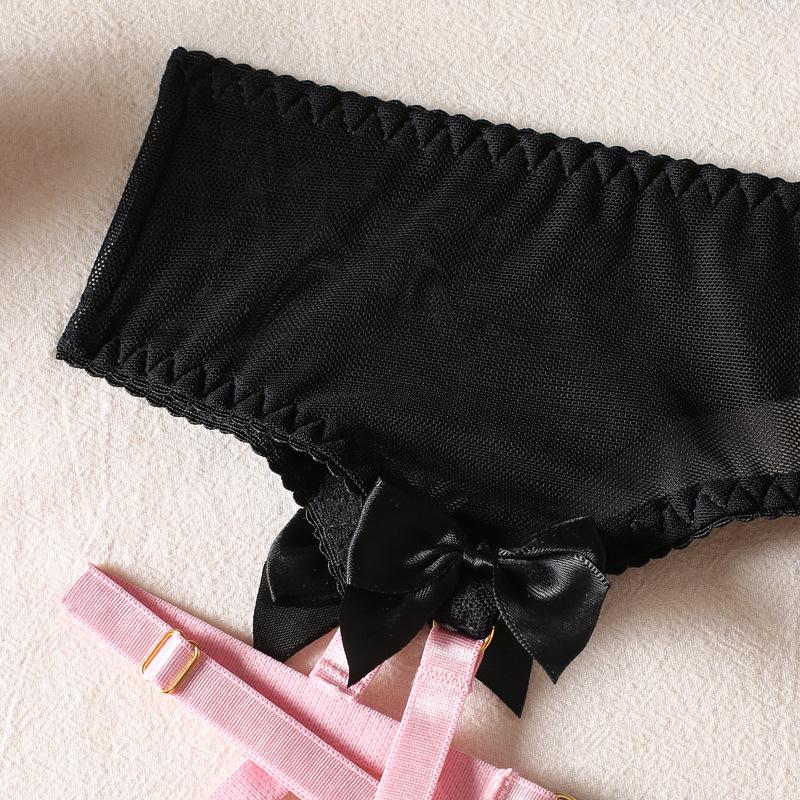 Spitzen-Farbblock-Dessous-Set: Bügel-BH, String und Strapsgürtel mit Schleife