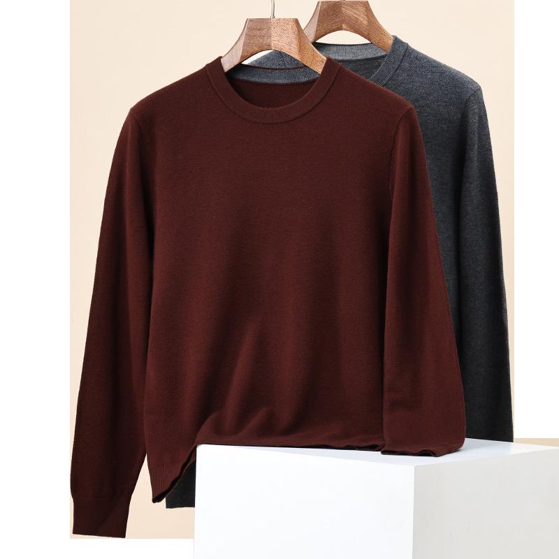 Men's 100% Pure Wool Solid Color Round Neck Sweater - 2025 Autumn/Winter Collection, High-End Base Layer