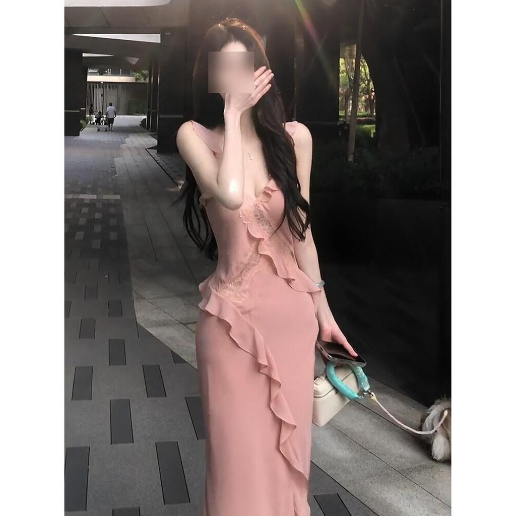 Pure Desire Style Pink V-neck Suspender Dress Women's Summer Lace Ruffle Edge Skirt Waist-wrapped Hip Fishtail Dress