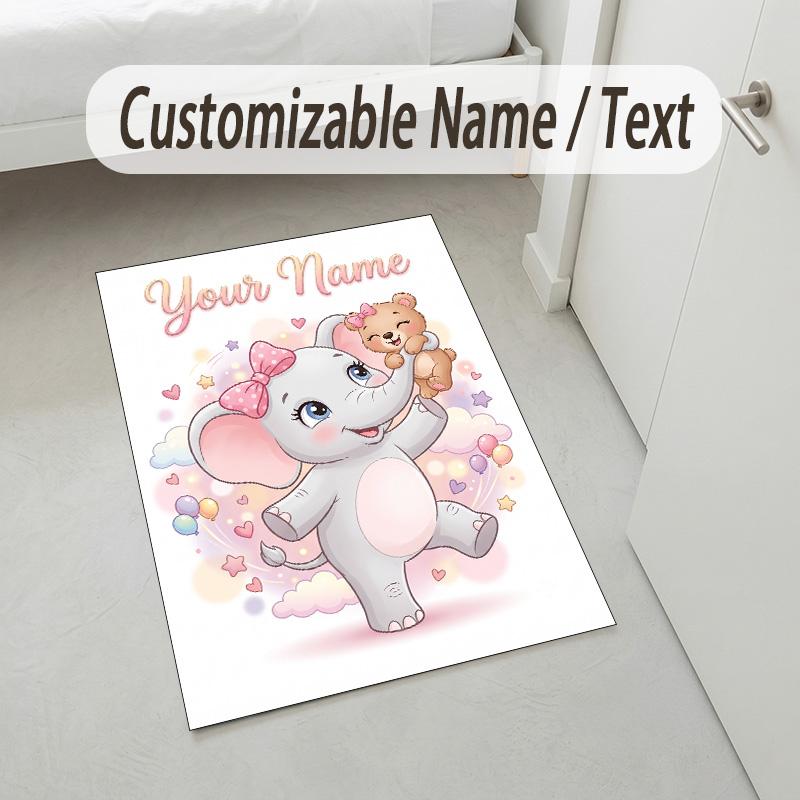 Alfombra de Terciopelo de Cristal con Temática de Elefantes, Personalizada con Nombre y Texto, Alfombrilla Suave para el Suelo, Decoración del Hogar