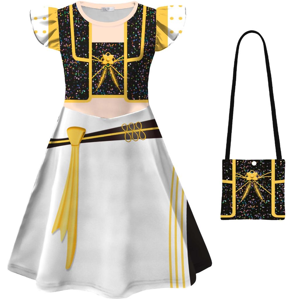 K-POP Hexenjagd Performance Cosplay Mädchen fliegende Ärmel Milchseide Kleid+Tasche Halloween Rollenspiel Kostüm Kinderkleid