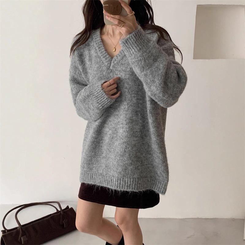 Gentle wind soft waxy neck pullover sweater women's autumn and winter new loose large size simple lazy wind knitted sweater top