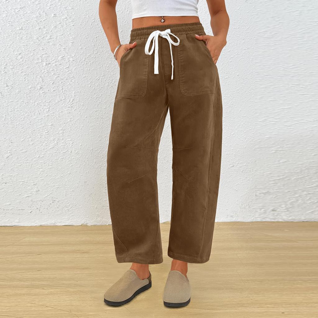 Women's Casual Fashion Solid Color Elastic Waist Drawstring Pockets Wide Leg Straight Pants