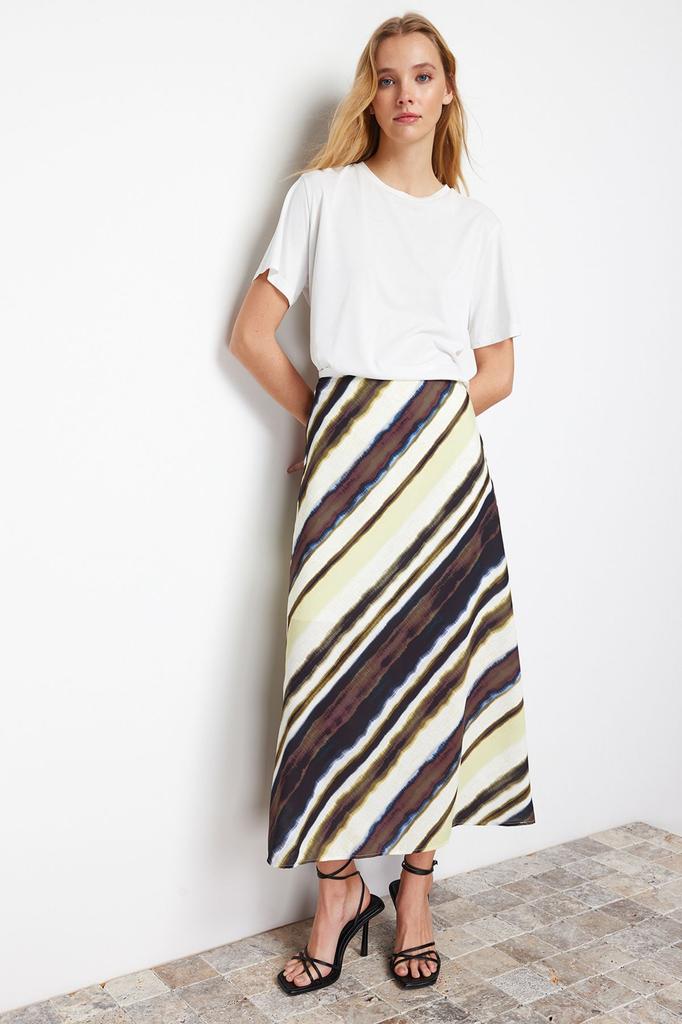 Women's Fashion Multicolored Satin Patterned A-line Midi Length Woven Skirt