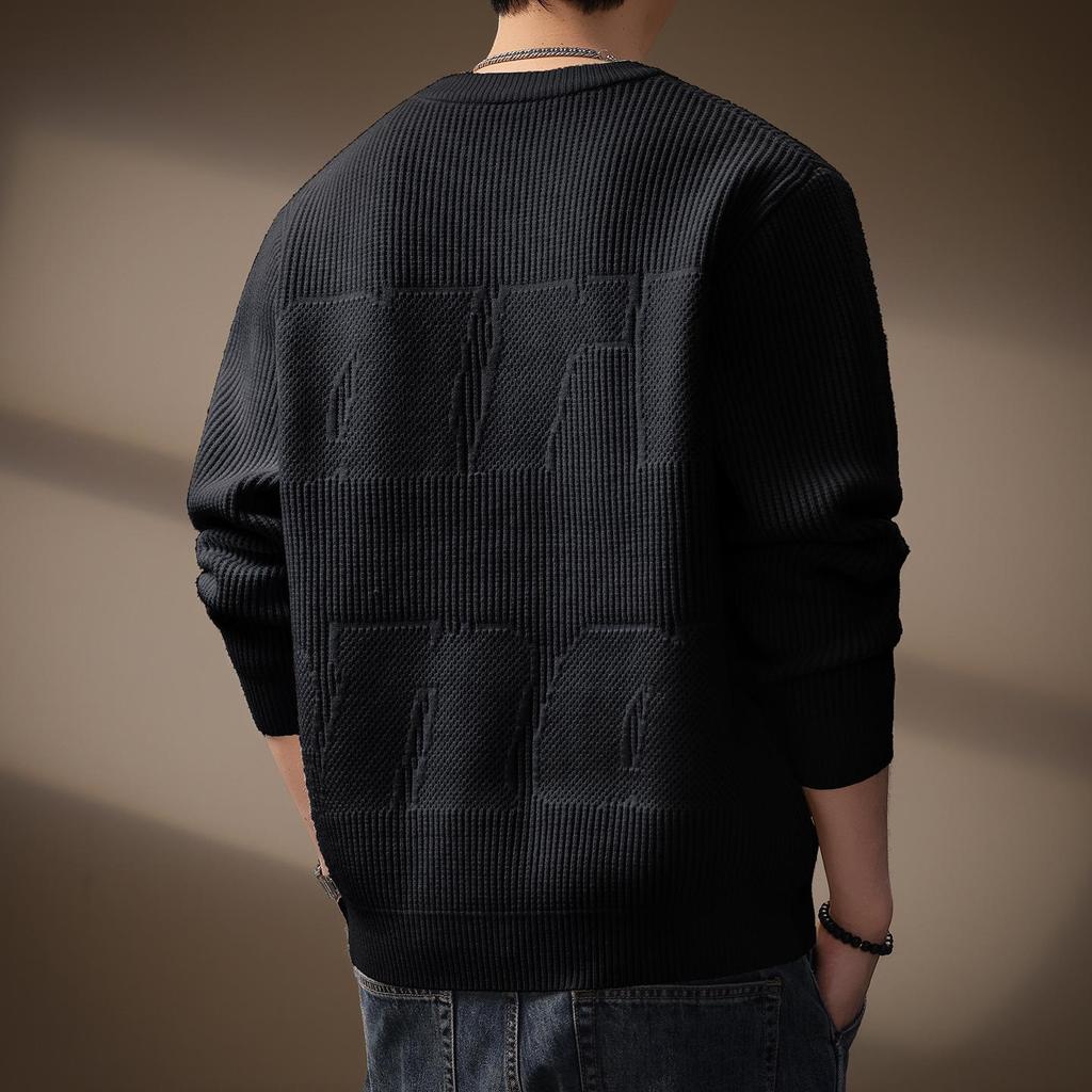 Men's Plus Size Retro Textured Sweater - Thickened Round Neck Pullover for Autumn/Winter