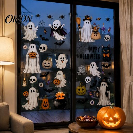 Clear Pattern Window Decal 6 Sheets Halloween Clings, Spooky Ghost Pumpkin Bat Decorative Film Sticker, Reusable Static Glass Decals for Holiday Party