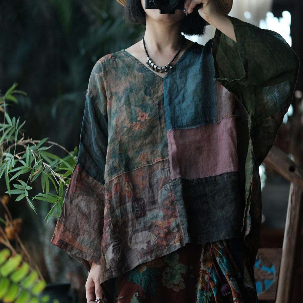 Johnature Vintage Women Patchwork Color T-Shirts V-Neck Long Sleeve Ramie High Quality Autumn Loose T-Shirts