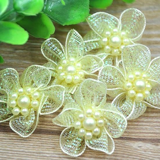 10Pcs Mixed Color Mini Organza Ribbon Bead Flower Wedding DIY Craft Appliques