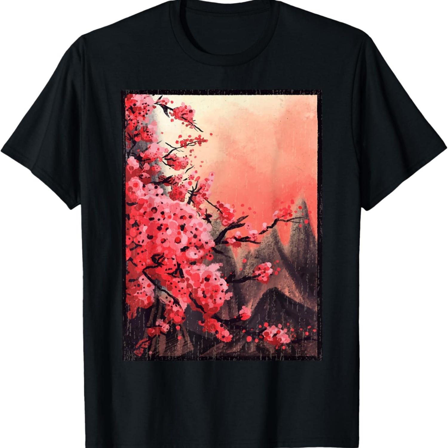 Vintage Cherry Blossom Woodblock  Graphical Art T-Shirt(2) S чёрный