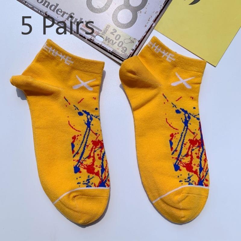 5 Pairs of Socks Men and Women Short Socks Tide College Style Hip Hop Black and White Yellow Cotton Socks
