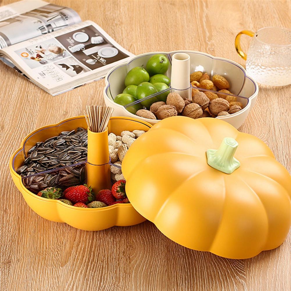 Fork Storage Pumpkin Container Halloween Pumpkin Snack Holder with Lid Divided Serving Tray for Fruits 3 Compartment for Candies