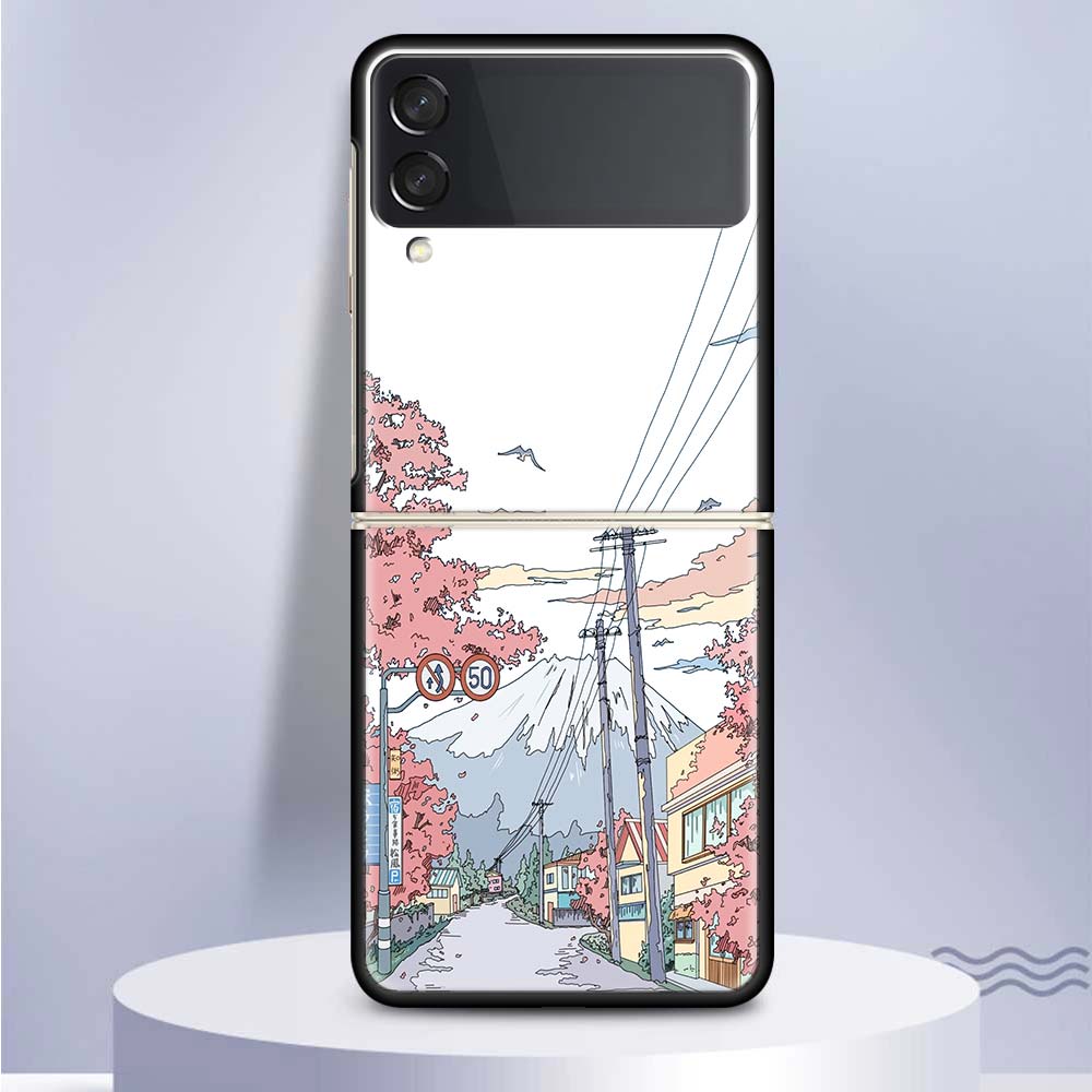 Anime Aesthetic Scenery Hard PC Clear Phone Case Cover for Samsung Galaxy Z Flip 7 6 5 4 3 5G Flip3 Flip4 Flip5 ZFlip6 ZFlip7 Bl