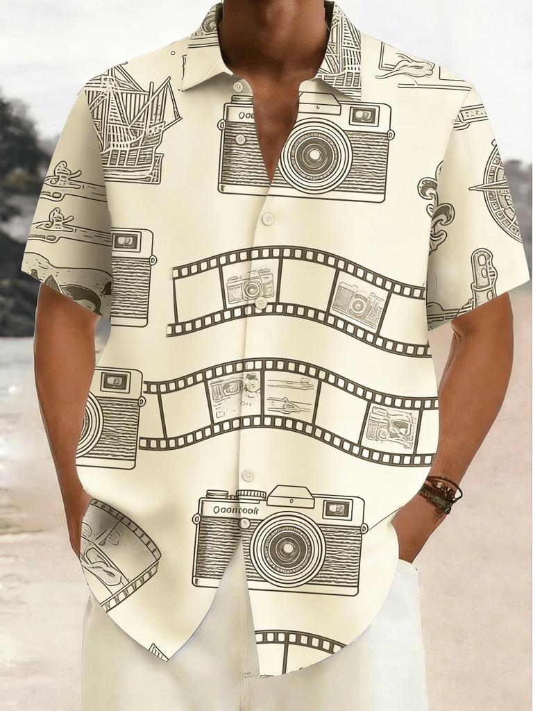 Men's Vintage Nautical Map Print Short Sleeve Shirt, Spring Summer Adventure Vacation Casual Top, Pocket Lapel Style