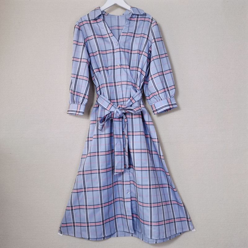 

Export Export Original Order V Neck Gingham Five-Quarter Sleeve Open Waist Silm Dress Female Literary Style Stylish Spring Blue Lotus Gingham F