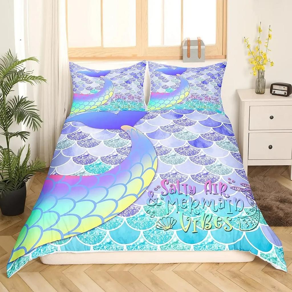 Copripiumino Coda di Sirena Misura KingQueen, Coda di Pesce Stella Marina Conchiglia Tema Animale Marino Poliestere Copripiumino per Bambini Ragazze