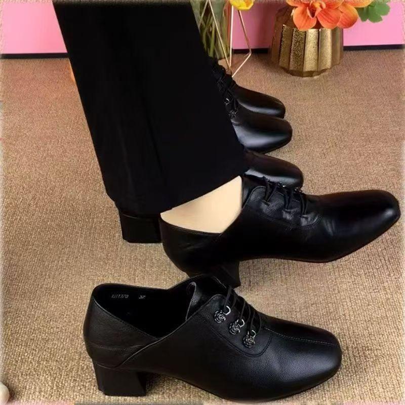 Soft Leather Women's Shoes Medium Heel Spring and Autumn New Thick Heel Lace-up Small Leather Shoes Versatile Single Shoes Mother Shoes