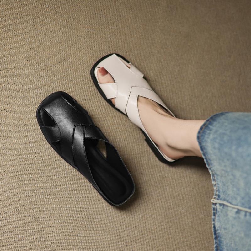 Summer Flat-bottomed Slippers Women's New Bag Head Slippers Rubber Soft Sole Solid Color Casual Cool Slippers Women's Large Size One Pedal