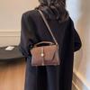 Women's Retro Contrast Stitch Small Square Bag Niche Design Brown Tone Shoulder Handbag with Metal Buckle, Fashion Crossbody Satchel