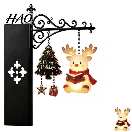 Reindeer Bookshelf Decoration Christmas Book Shelf Light, Iron Bookend Night Lamp with Santa Metal Stand Decor Snowman, Warm Glow Tabletop for