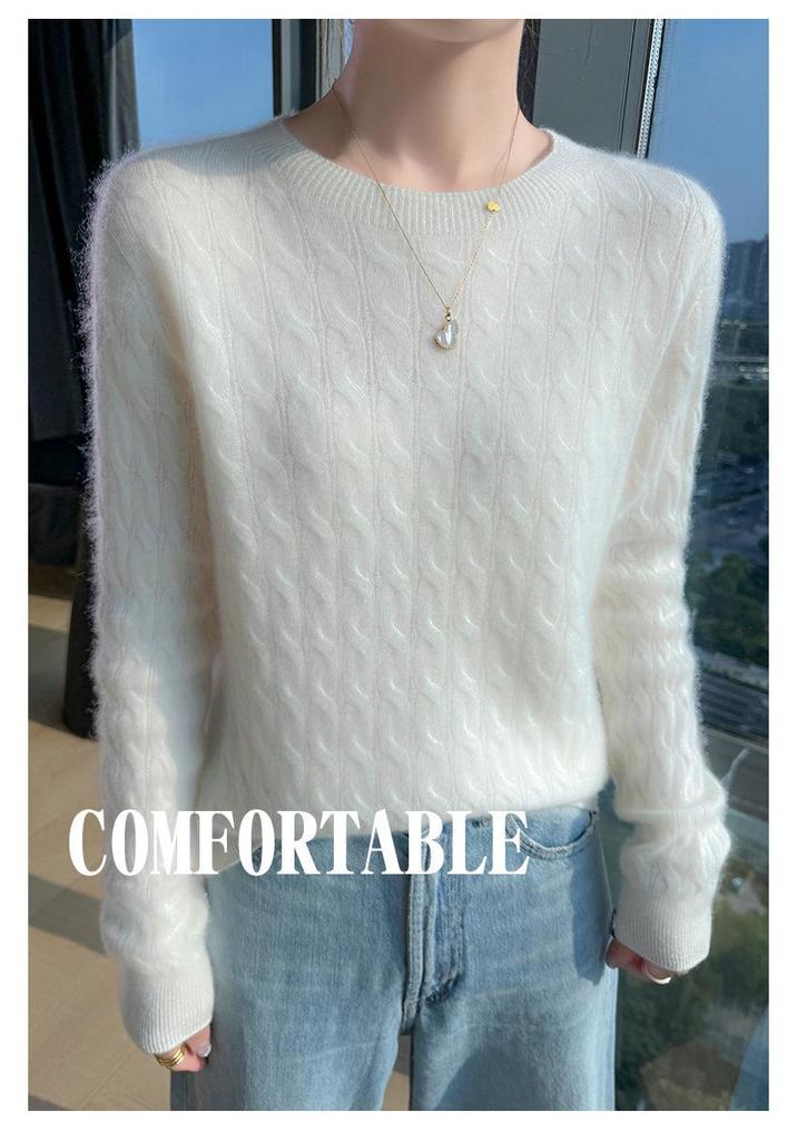 Women's Cashmere Sweater - Autumn Winter Solid Color Jacquard Round Neck Loose Knit
