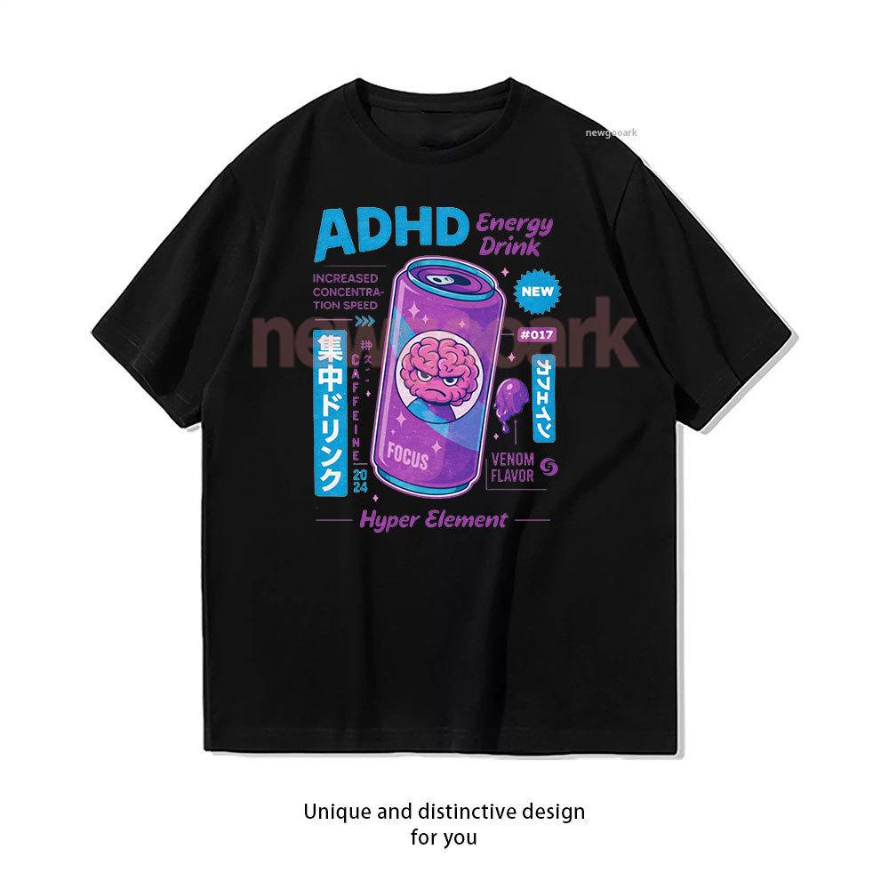 ADHD Energy Drink Hyper Focus Cartoon Illustration Active TShirt Woman Man Casual Cotton Graphic T Shirts Creative Streetwear