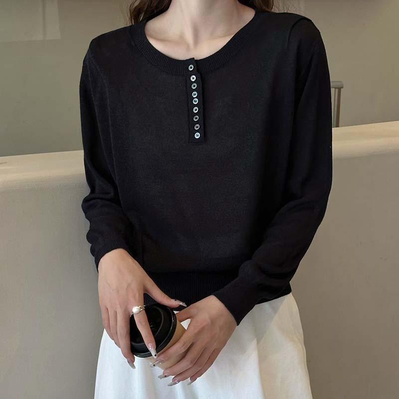 Simple Half Placket Button Design Loose Pullover Knitted Sweater Women's Fashion Age-reducing Casual Inner Bottoming Shirt Early Autumn