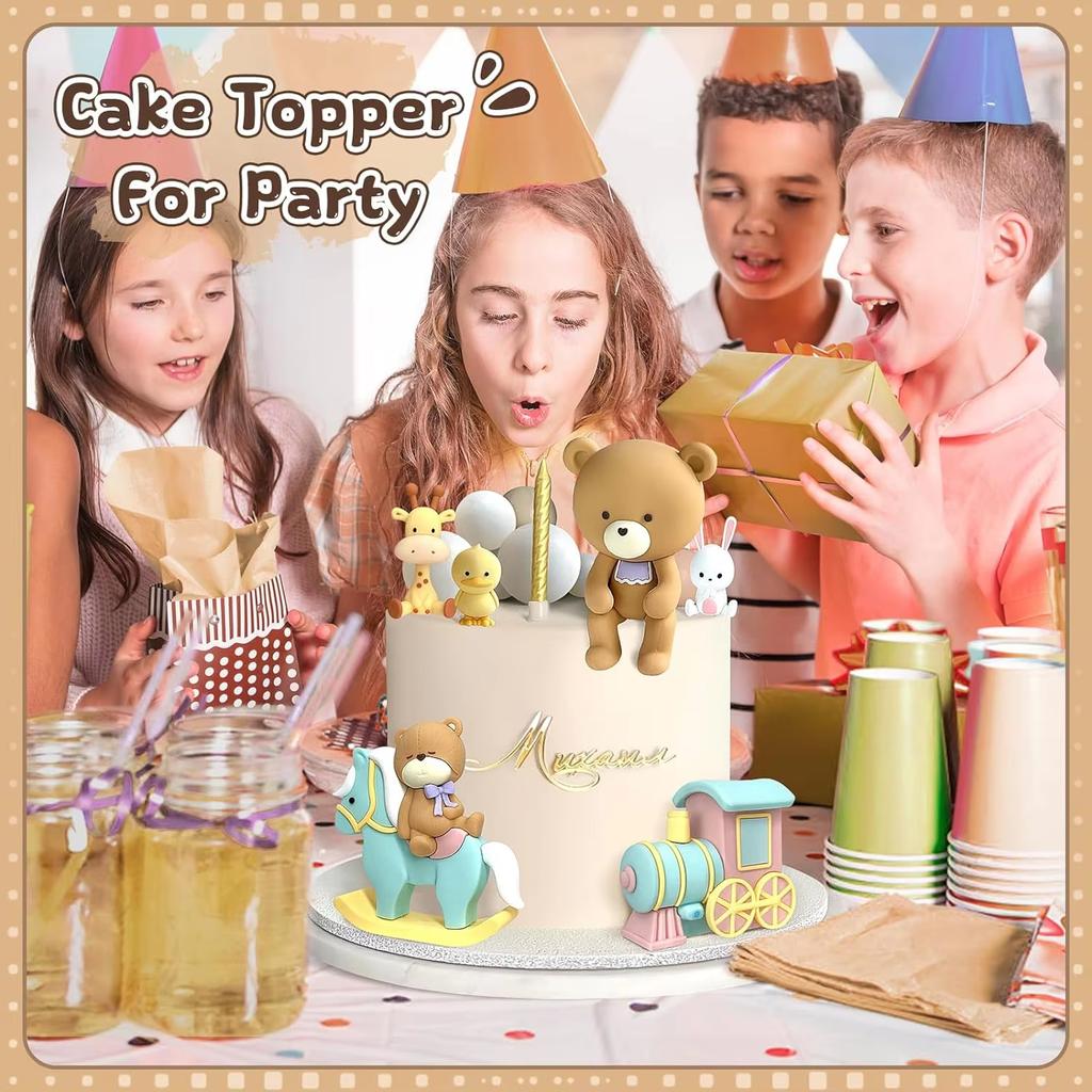 15Pcs bear Cute Mini Animal Figure for Cake Decorations Bear Figurines with Train DIY for Baby Shower Birthday Party Supplies