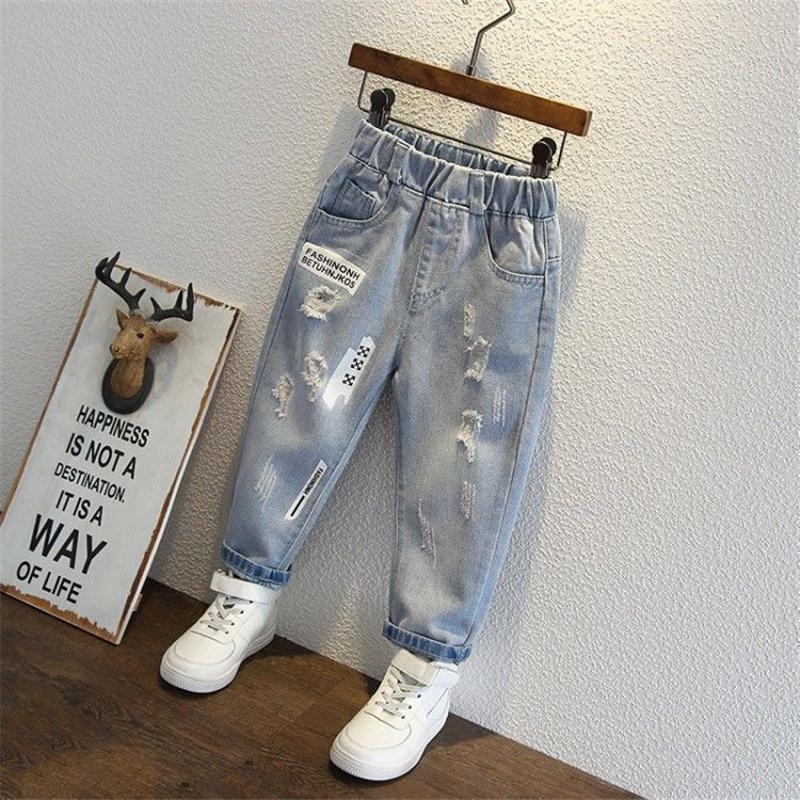 Boys Jeans Spring Kids Hole Demin Pants Children Wear Teen Fashion Fit Long Pants Print Harlequin Trousers 3-12 Years