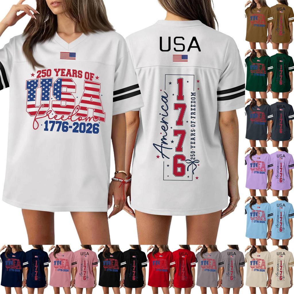 T-shirt Sport Haut Casual Mode Femme Col en V Impression Jour de l'Indépendance Manches Courtes