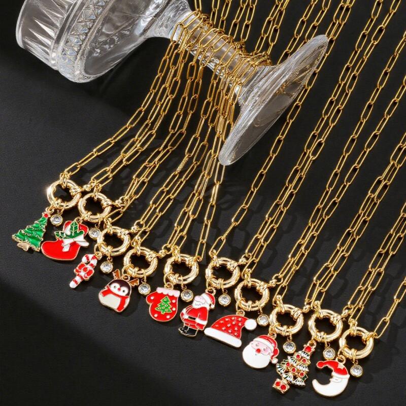 Christmas Stainless Steel Necklace Set - Santa Reindeer Snowman Pendants Lobster Clasp Adjustable Festive Jewelry Gift