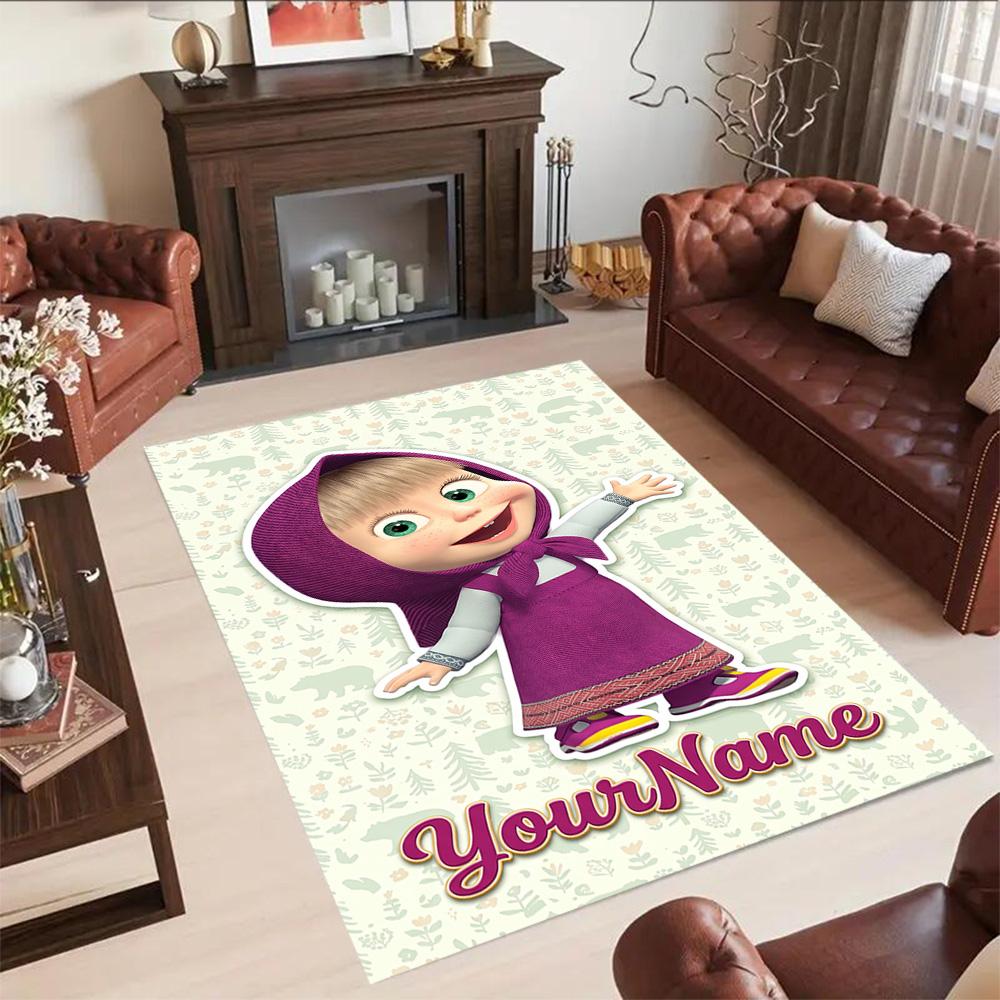 Masha Bear Customizable Name Floor Mat Design for Hallway Playrooms Entryway Outdoor Anti-slip Rug Anime Office Decor Best for Christmas