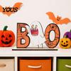 Hand Painted Halloween Decor Wooden Table Sign, Cute Pumpkin Boo Ghost Solid Wood Sign Tabletop Centerpiece for Indoor Mantel Fireplace Home Festive